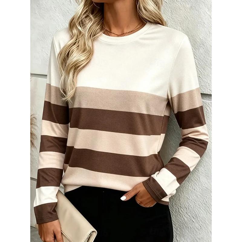 Autumn and Winter Women's 3D Stripe Printed Crew Neck Long Sleeve T-Shirt
