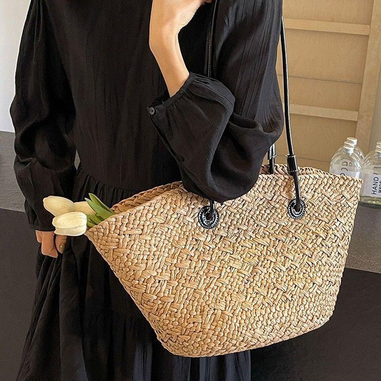 Grand Sac Cabas Sac d'Été Tissé Sac à Épaule Tissé en Paille Sac de Plage Tissé en Raphia Sac Tissé en Rotin