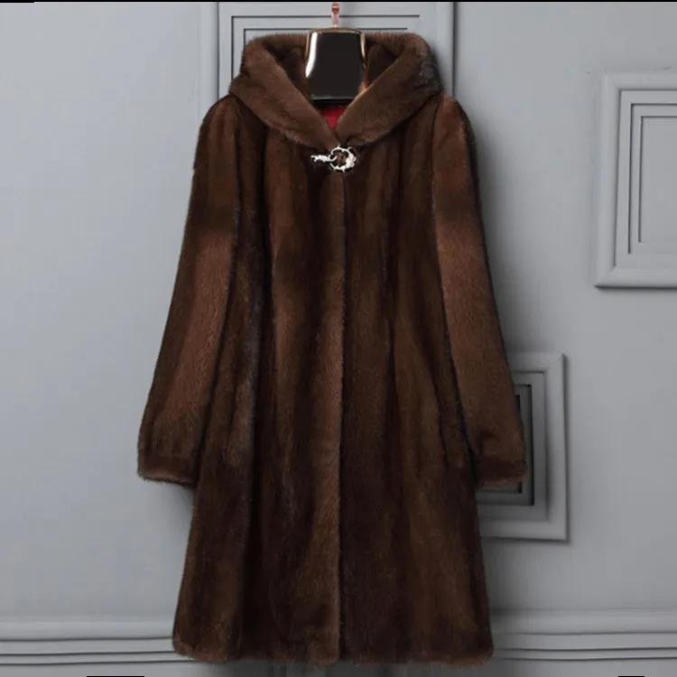 

Lautaro Зимняя роскошная длинная черная искусственная норковая шуба для женщин с капюшоном и длинным рукавом, элегантная толстая теплая пушистая меховая куртка 6xl 7xl XXL коричневый