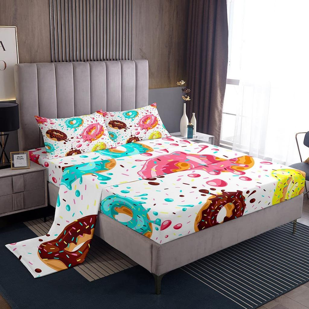 Chapéu de Cama com Padrão de Frutas Abacate Desenho Animado Conjunto de Roupa de Cama de Quatro Peças Decoração de Roupa de Cama para Quarto de Dormitório