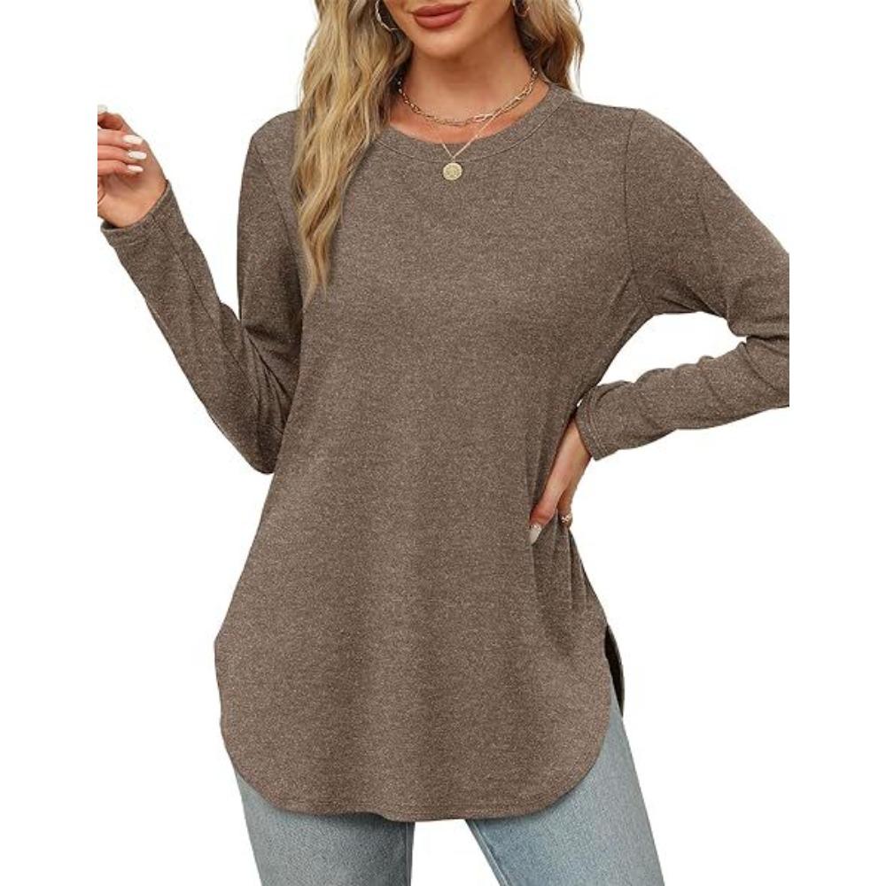 Women's O Neck Long Sleeve Tunic Top Solid Color Casual Loose Curved Hem T Shirt