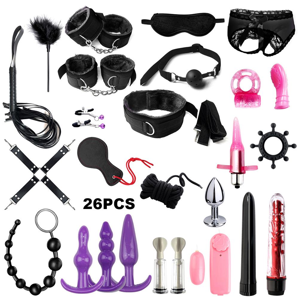 Fetish BDSM Kit Set Sex Toy Handcuffs for Woman Adult Supplies Handcuffs Whip Anal Plug Vibrator Bondage Rope Sexual Sexy Game