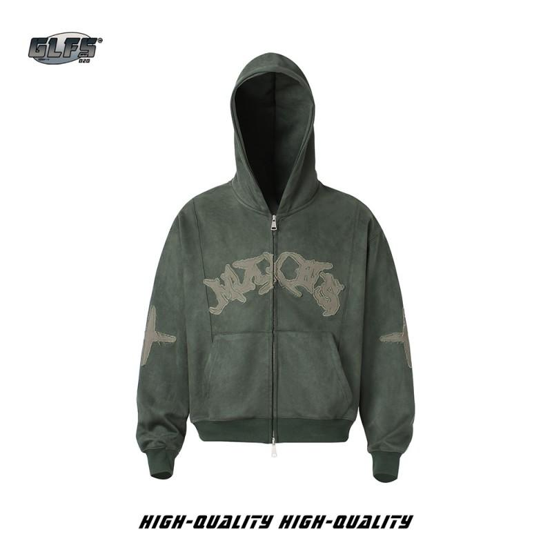 Unisex Oversized Short Hooded Zip-Up Fleece Sweatshirt With Embroidered Letters Patch Detail
