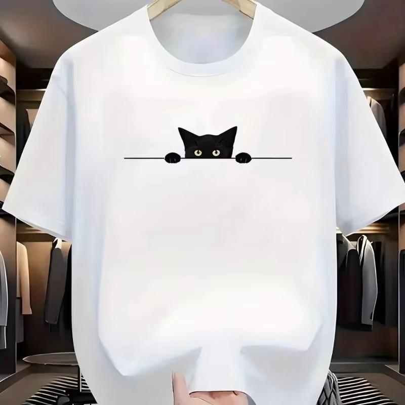 Cute Cat Design Unisexs Casual Black Tshirt Soft Polyester Short Sleeve Summer Fashion Essential For Casual Attire Funny Male Tops