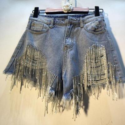 FGHJ Women Slim Denim Shorts Summer Hole Pants Chain Tassel Slim Straight Pants Casual Denim Shorts