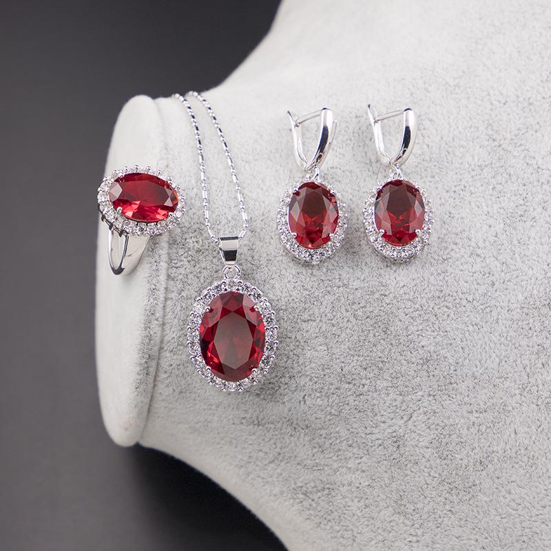 European-American Zircon Jewelry Set: Ring, Necklace, Earrings - Three-Piece Inlaid Zircon Collection