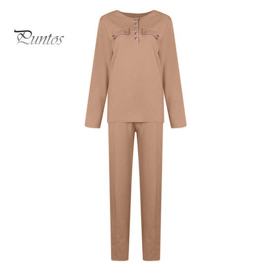 

2 шт./комплект женский топ брюки костюм круглый вырез длинный рукав однотонная блузка эластичный пояс облегающие брюки повседневная одежда спортивный наряд осень весна M коричневый