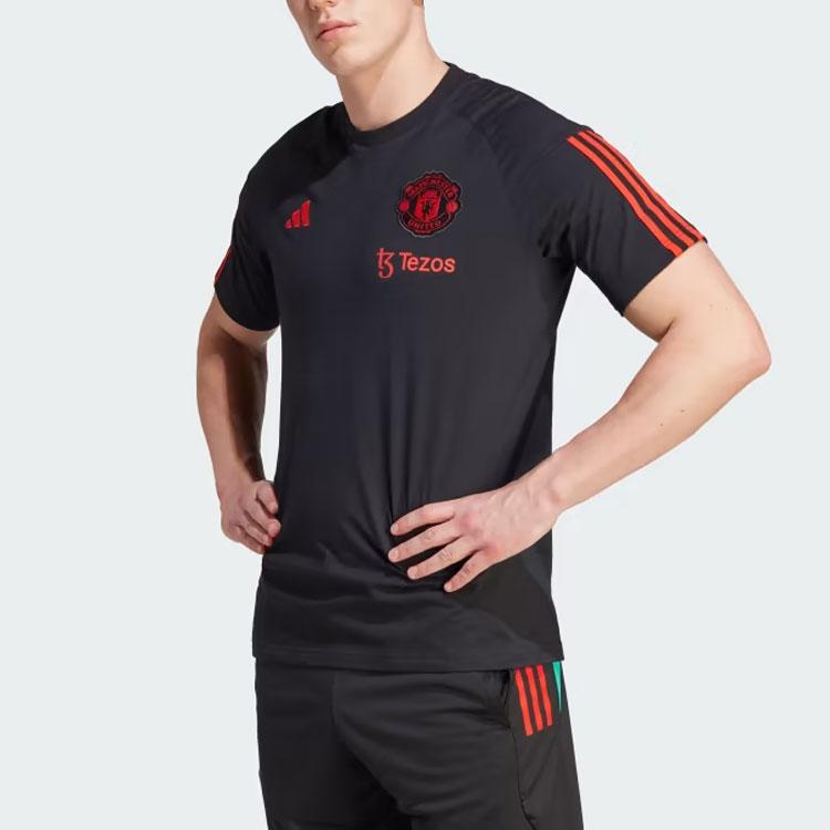 Adidas Manchester United Tiro 23 Training T-Shirt Color Block Logo Design Breathable Sports Short Sleeve Football Shirt Men Tops Black IA8489