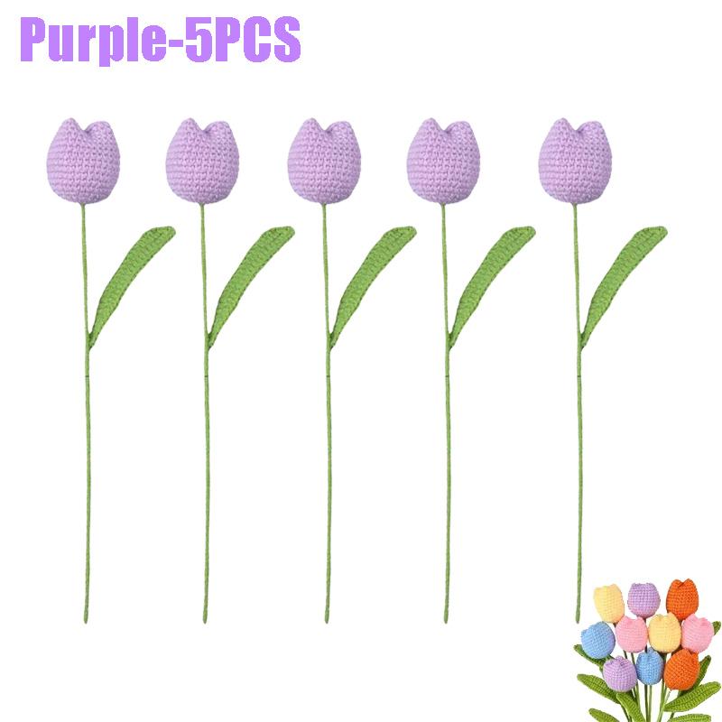 Handmade Crochet Tulip Flowers Bouquet Artificial Knit Simulation Craft Gift for Mom Women Bride Wedding Home Decor Party Supply