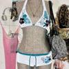 Vintage Flower Print Cutie Set Bikini 2000s Swimsuit Sexy Women Bathing Fashion Halter Strap Swimwear High Street Beach Female