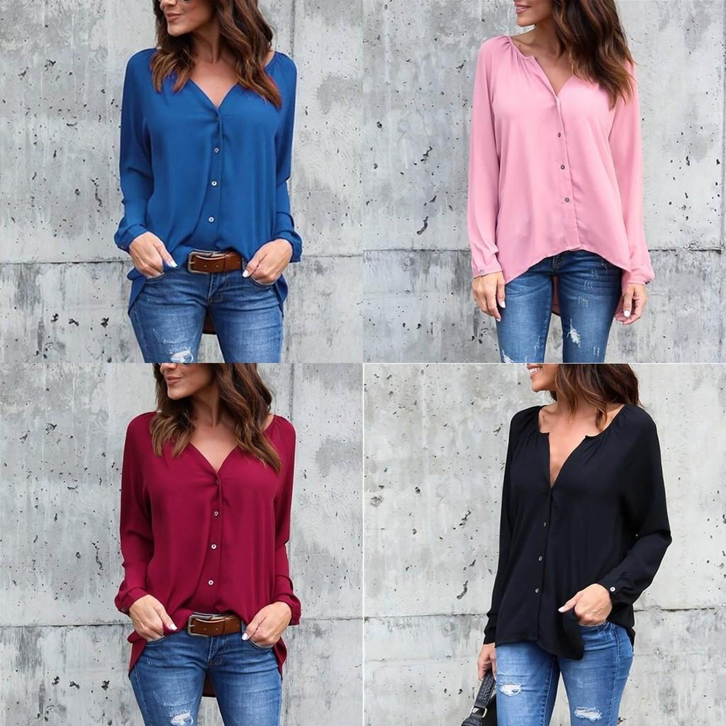 Premium Quality Spring Fashion V Collar Fold Button Long-sleeved Loose Chiffon Shirt In 8 Stunning Colors
