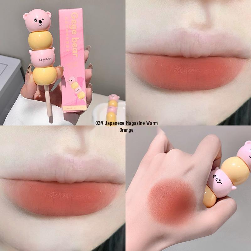 

Gege Bear Tanghulu Plush Lipstick: Milk Cream Velvet Matte for Natural, Bright Autumn/Winter Look.