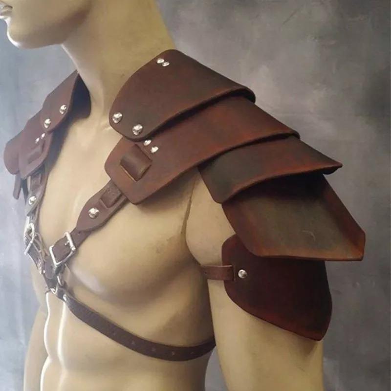 Mittelalterlicher Wikingerkrieger Schulterpanzer Gladiator Samurai Ritter Schulterplatten Gotisch Steampunk PU-Leder Gürtelpanzer Cosplay Kostüm