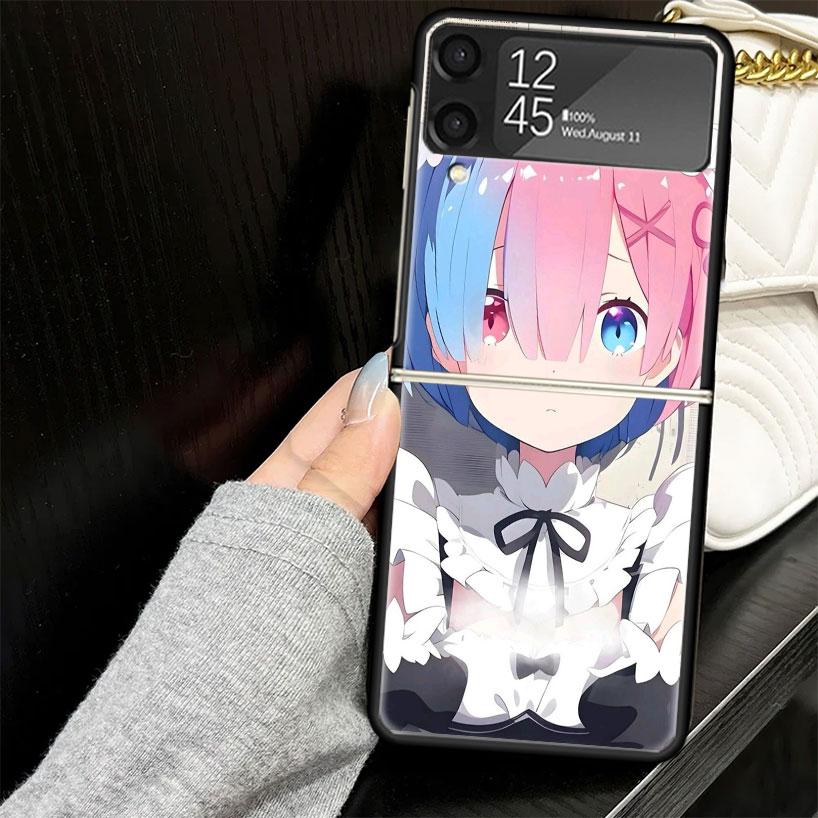 R-Rem Re Zero Anime Case for Samsung Galaxy Z Flip7 Flip6 Flip5 Flip4 Flip3 5G Hard Phone Shell Z Flip 7 6 5 4 3 Black Cover