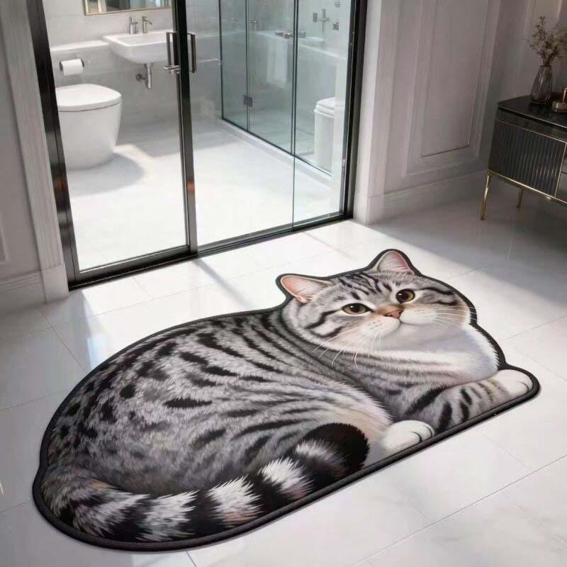 Cartoon Cat Shaped Diatomaceous Earth Bath Mat, Water Absorbent Non Slip Wear Resistant Bathroom Doormat for Toilet Entrance