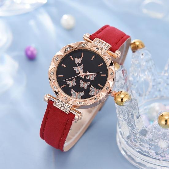Yousheng 1 Set Women Watch Necklace Bracelet Ring Ear Studs Rhinestone Butterflies Round Faux Leather Strap Ladies Dress Wrist Watch Fashion Jewelry