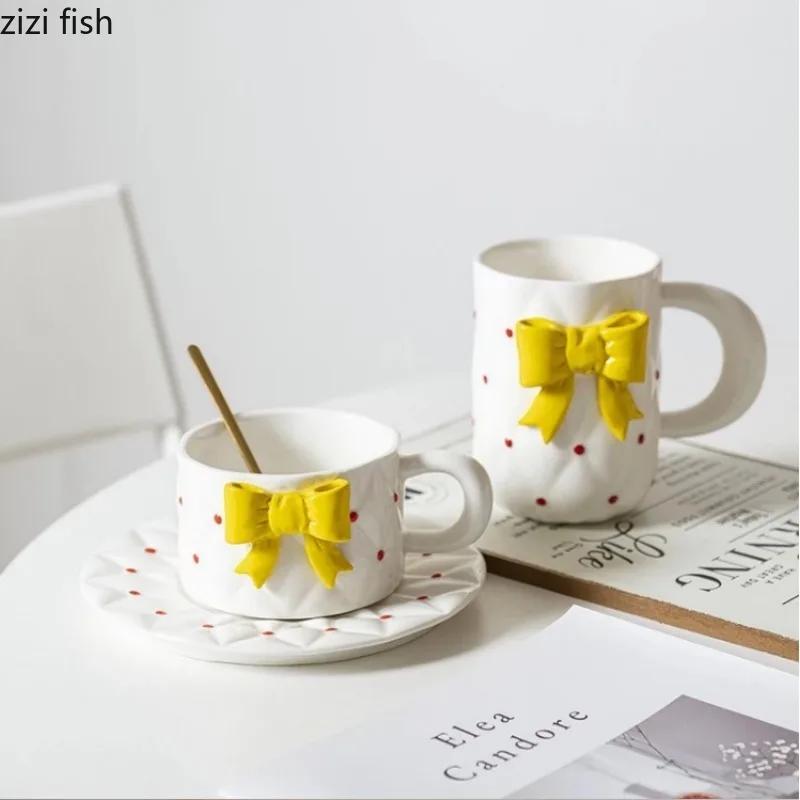 Bow Knot Ceramic Cup and Plate Set Girls Coffee Mug  Home Breakfast Cups Office Afternoon Tea Cup Water Cups Milk Mug Juice Mugs