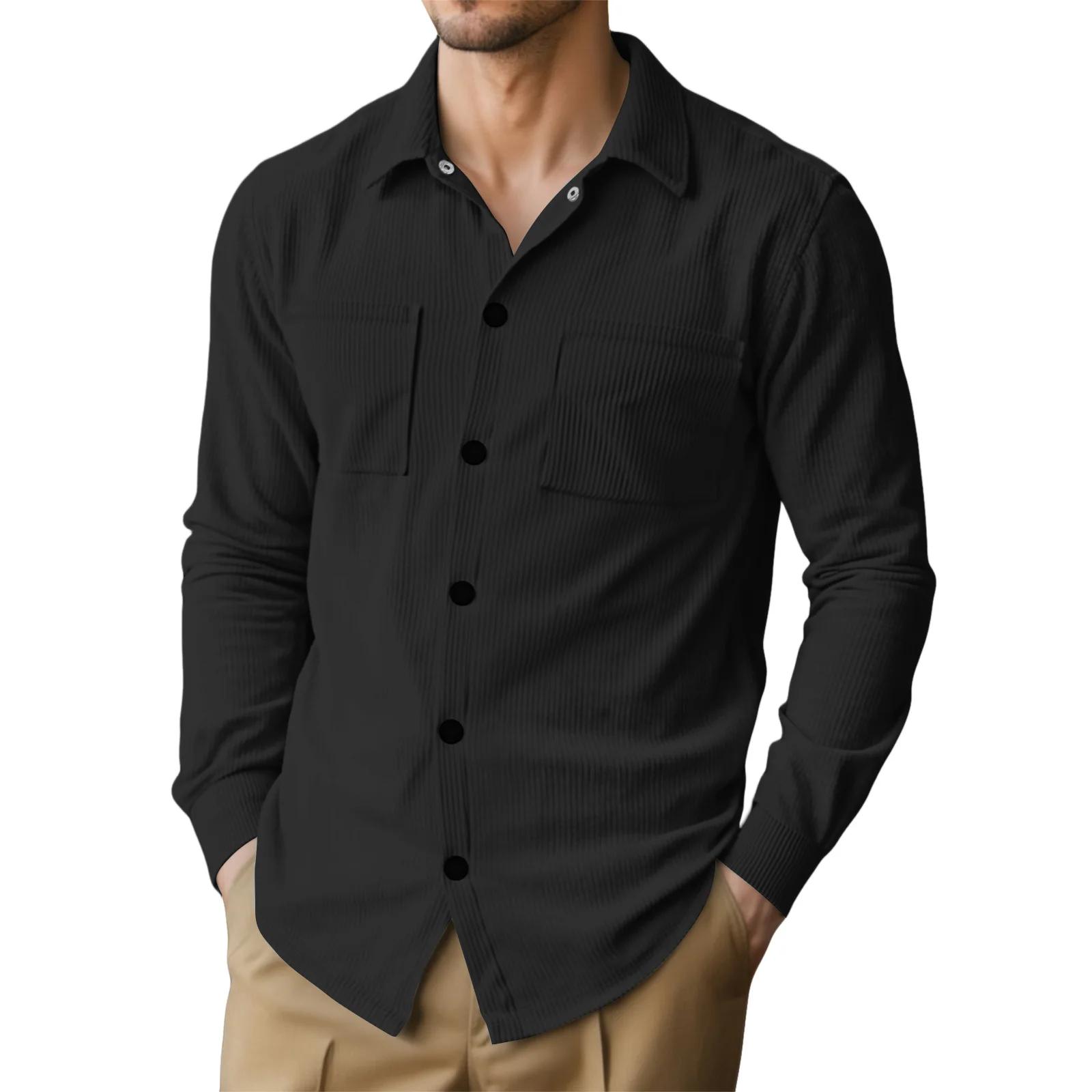

Men s Autumn Casual Shirts Outdoor Lapel Corduroy Long Sleeved Solid Color Single Breasted Shirt Men Double Pocket Blouse M чёрный