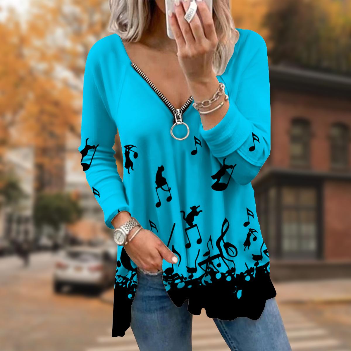 

Женские футболки с длинным рукавом и принтом «Осенние ноты» с принтом «Кошка», свободные футболки больших размеров с V-образным вырезом, удобные блузки L светло-синий