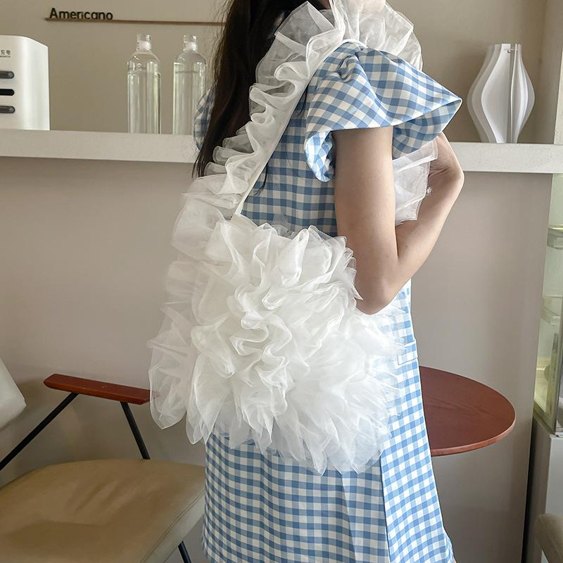 Ruffled Yarn Shoulder Bag Tulle Lace Tote Bag Pleated Underarm Bag Solid Color Tote Purse for Women Work Shopping Travel