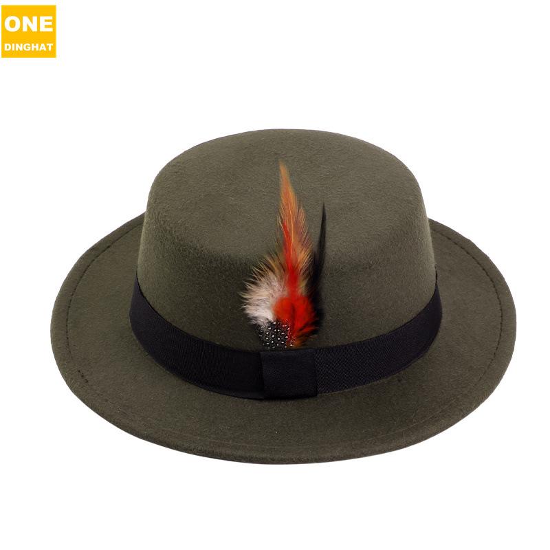 Men'S And Women'S Woolen Wool Flat Top Top Top Hat Retro Chicken Feather Jazz Hat Gentleman'S Hat Jdl-008A