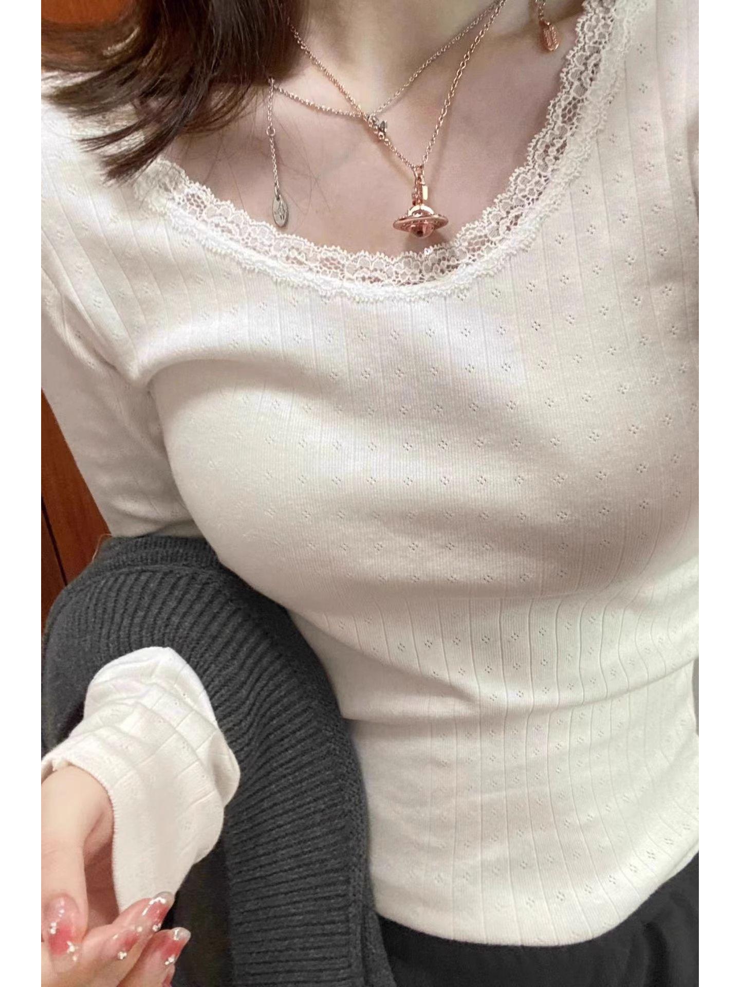 Women s American Retro Patchwork Lace Slim Fit T-shirt - Long Sleeve, Round Neck, Autumn Base Layer S белый