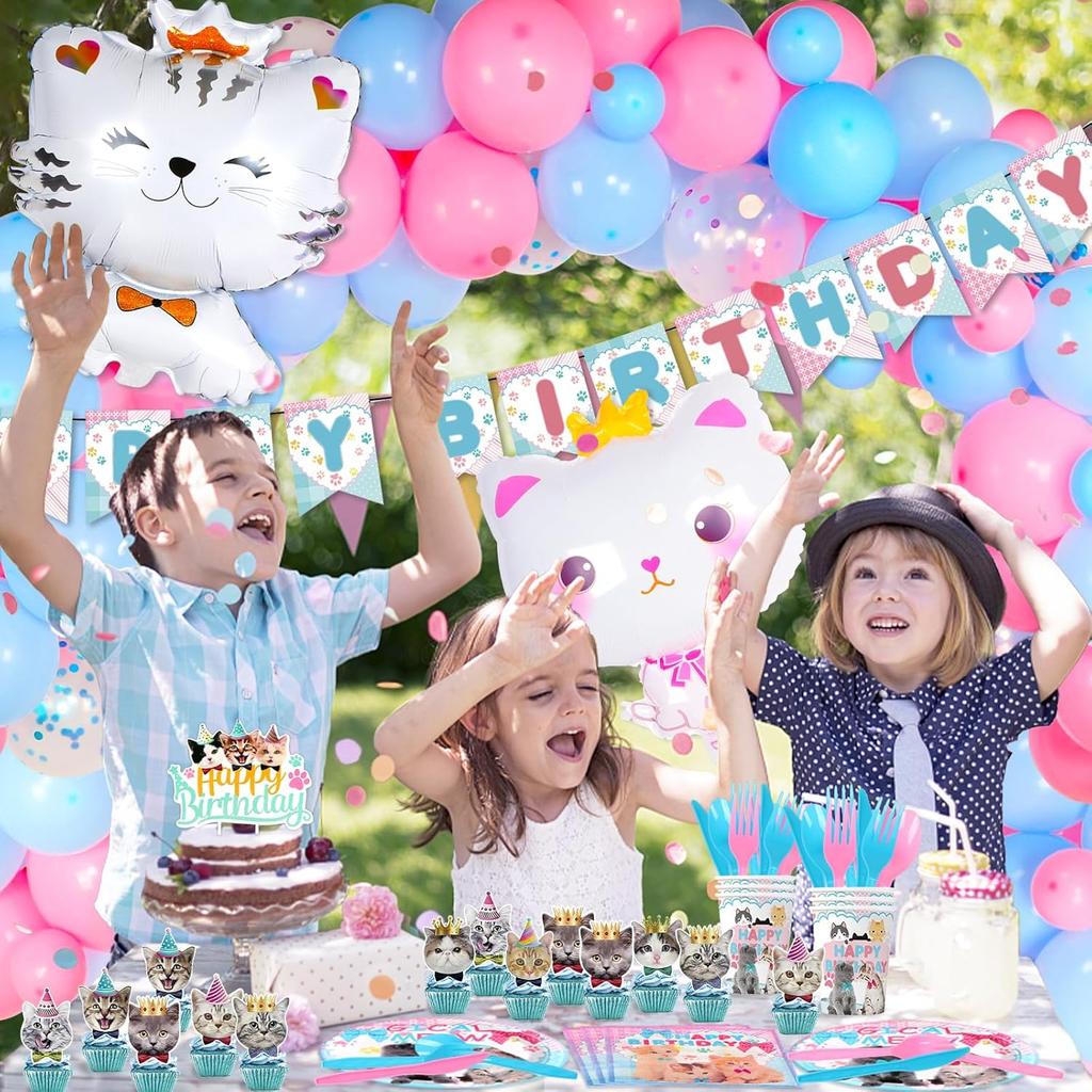 183 PCS Cat Birthday Party Decorations, Cat Themed Party Decorations Includes Balloons, Backdrop, Happy Birthday Banner, Tablecloth, Plates, Cups,