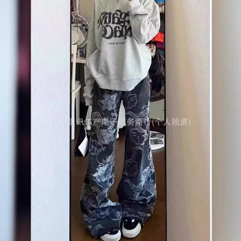 Jeans da uomo in denim a vita alta, taglio dritto ampio, con grafica stampata di drago, stile streetwear, misto cotone lavato ad acqua