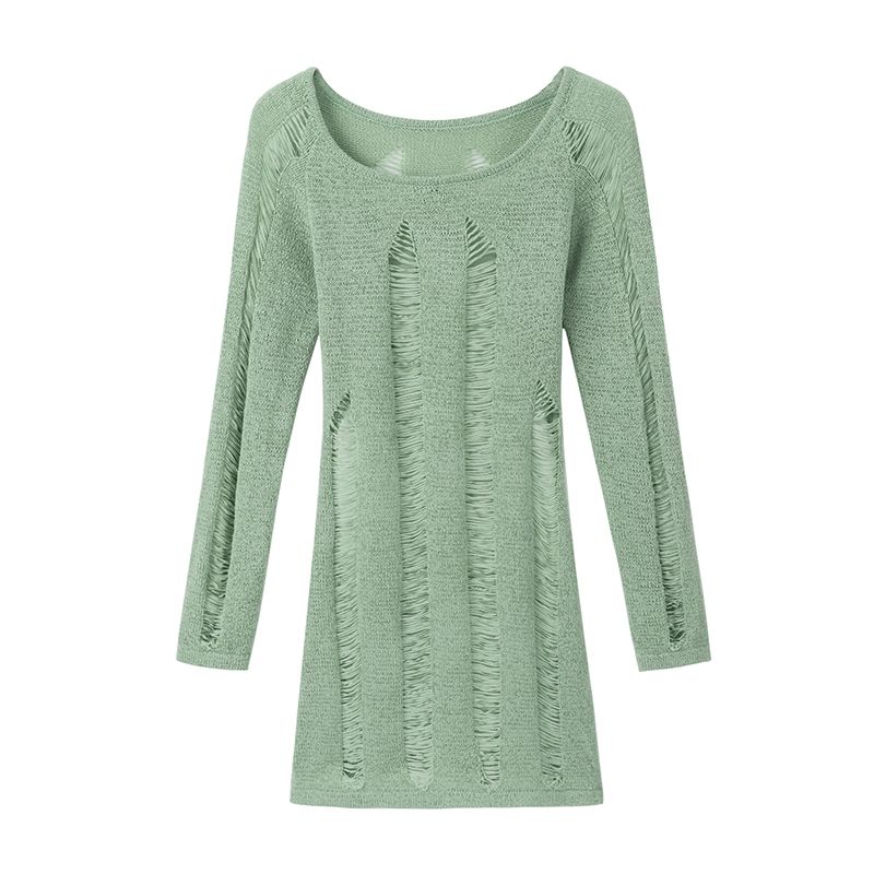 Thin Sweet and Spicy Off Shoulder Spring French Style Design with Long Sleeved Spicy Girl Knitted Sweater and Hollowed Out Top