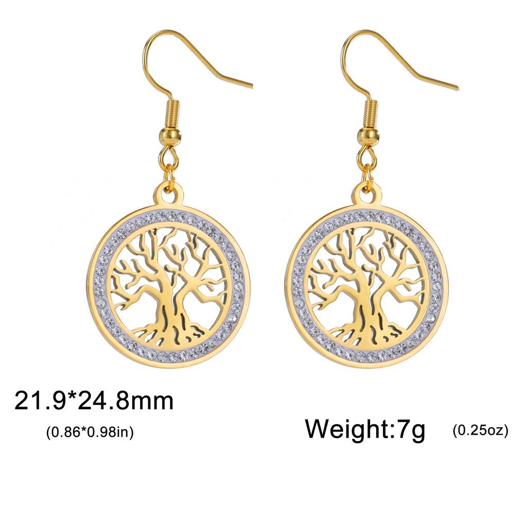 Tree of Life Women's Earrings Stainless Steel Gold Clear Zircon Round Pendant Dangle Earring Amulet Jewelry Gift