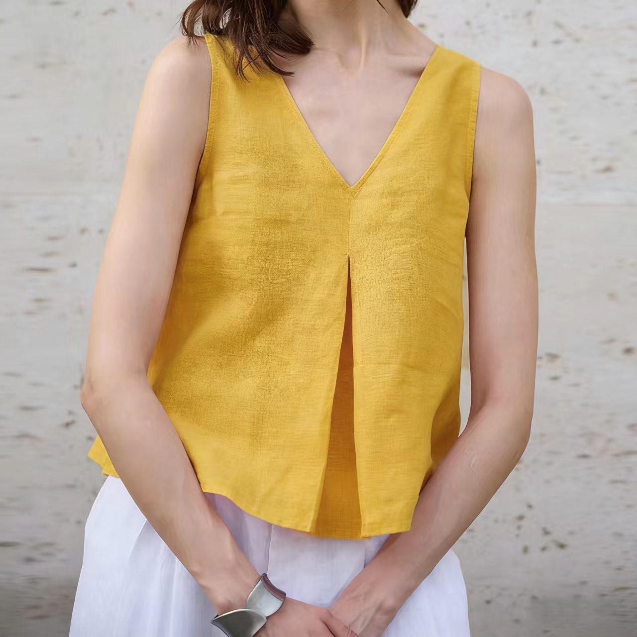 Double Sided Sleeveless V Neck Solid Color Loose Casual Women Cotton Linen Top S