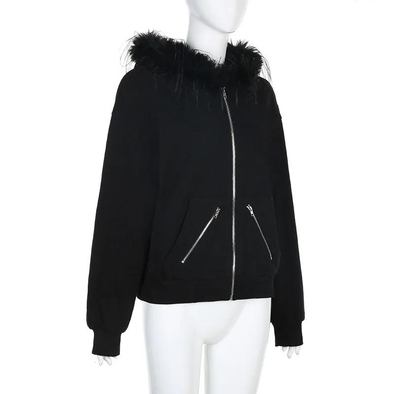 Goth Dark Faux Fur Collar Hooded Cardigans, Zip Up Hoodies, Gothic Grunge Pockets, Black Jackets, Female Y2k Streetwear