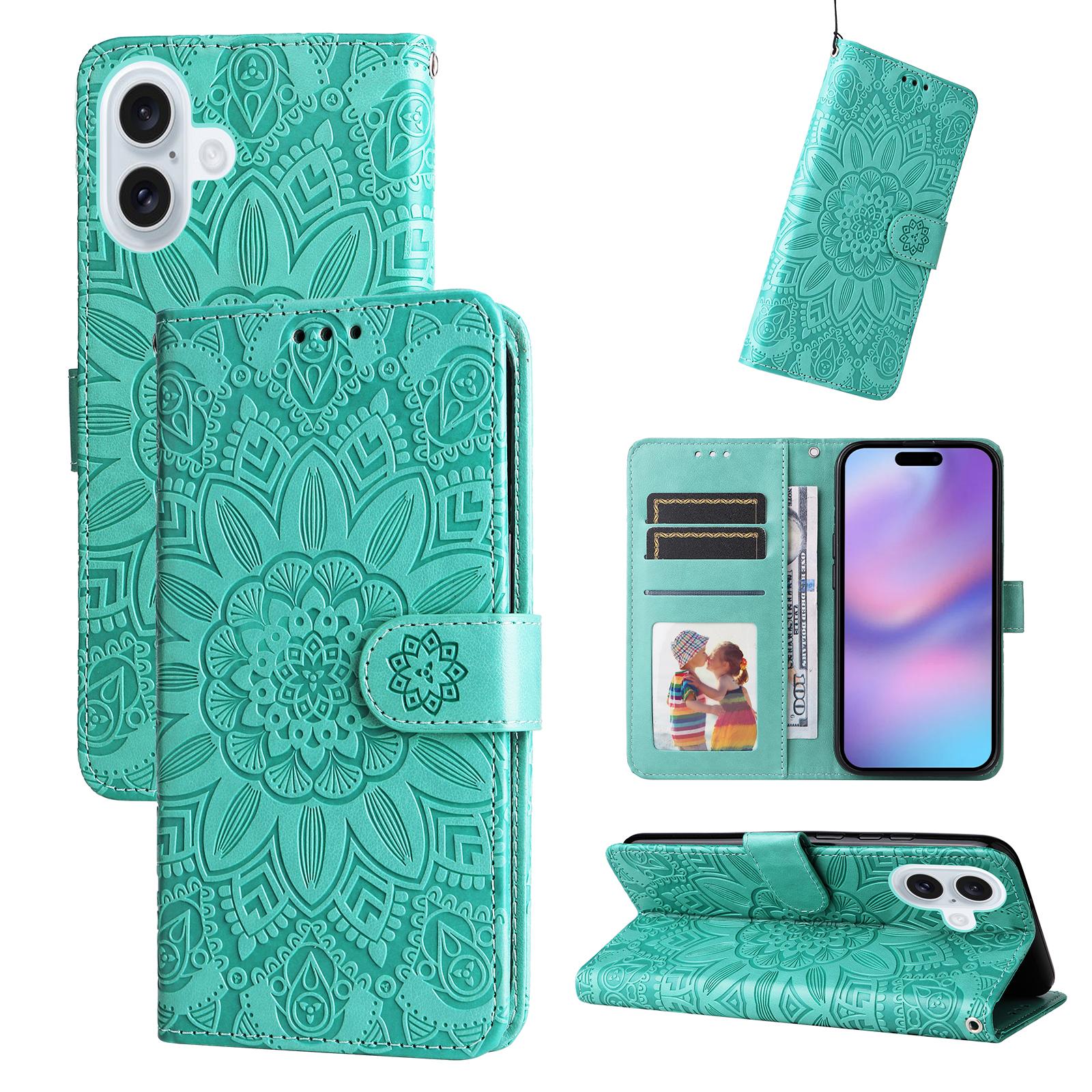 

For iPhone 17 Case Sunflower Imprint Leather Wallet Phone Cover Green