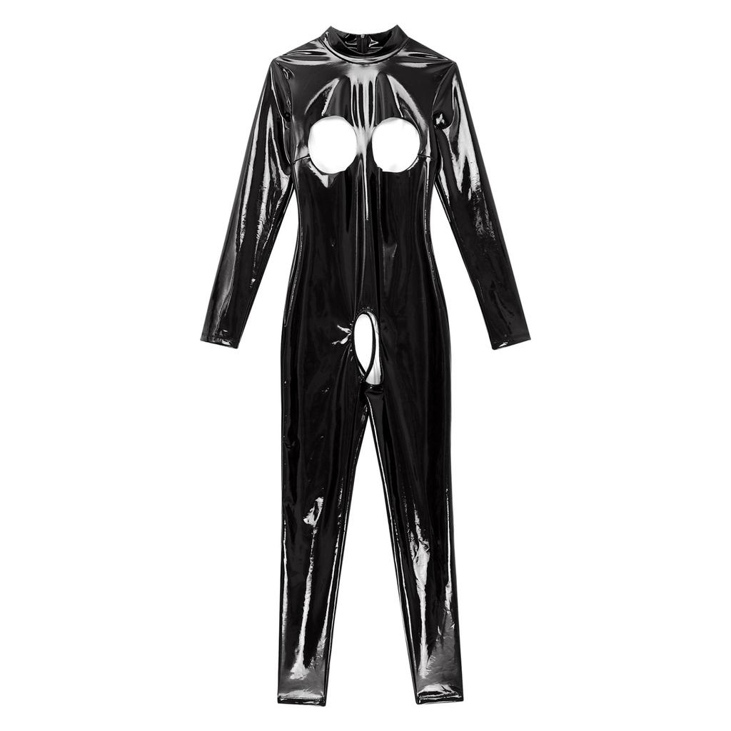 Dámská sexy metalická latexová kožená trikotová kombinéza s dlouhým rukávem, spodní prádlo, skinny