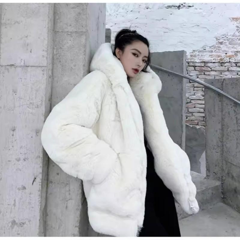 Damen Winter Übergroßer Mittellanger Verdickter Kapuzenmantel Einfarbig Locker Geschnitten Elegant Oberbekleidung