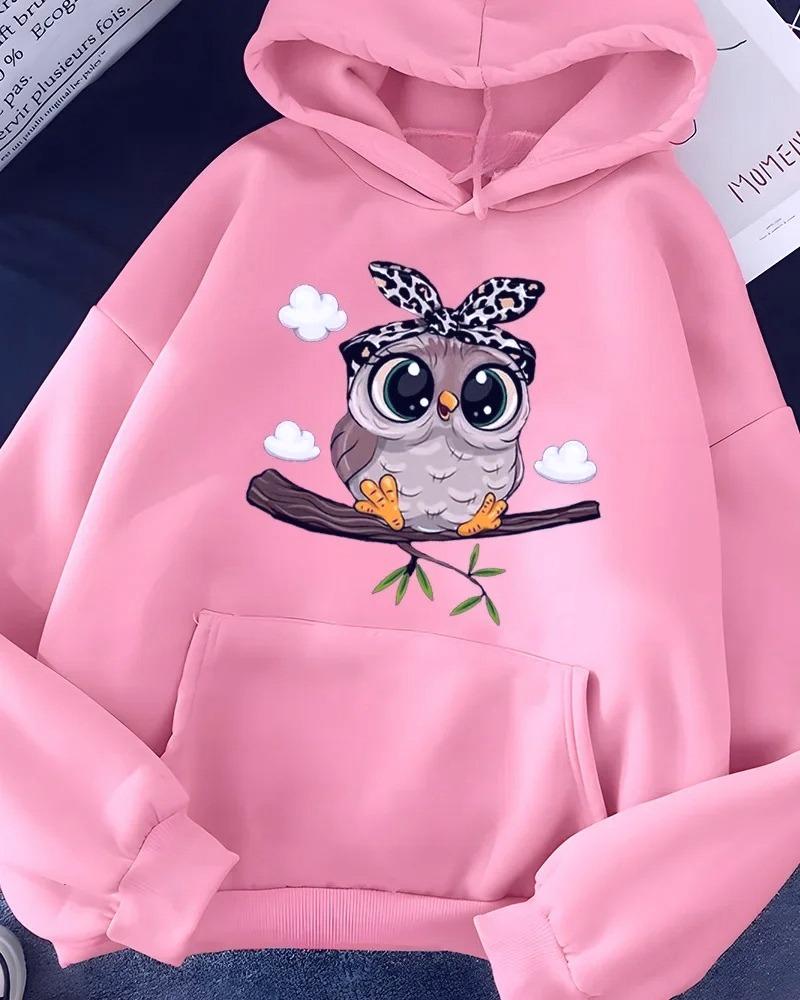 Women Cute Owl Graphic Hoodie Leopard Bow Bandana Owl Print Long Sleeve with Pocket Pullover Casual Hooded Sweatshirt Female Top