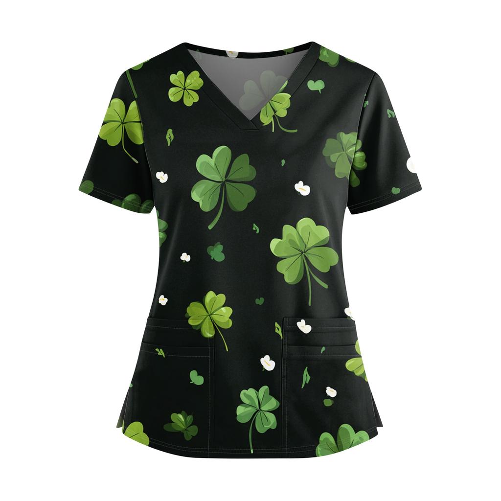 Frauen St. St. Patrick's Day Druck V-Ausschnitt Doppeltasche Kurzarm Uniform Oberteil mit geschlitztem Saum