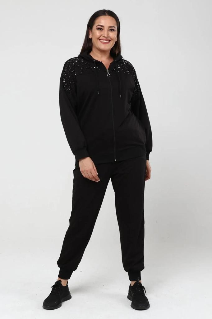 Women's Large Size Stoned Zippered Pocket Jogger Tracksuit Set Black