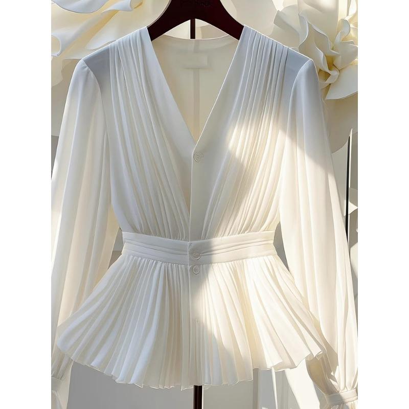 French Style V-neck Long-sleeved Top Niche Light Luxury High-end White Shirt for Women