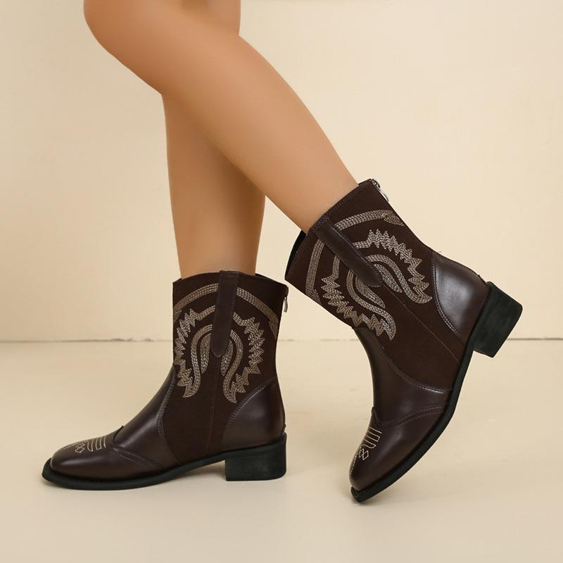Frühling und Herbst Neuer Stil Mode Spitz Einfarbig Damen Mid-Calf Stiefel mit Mittelhohem Absatz Ärmel Bestickter Western Cowboy Stiefel