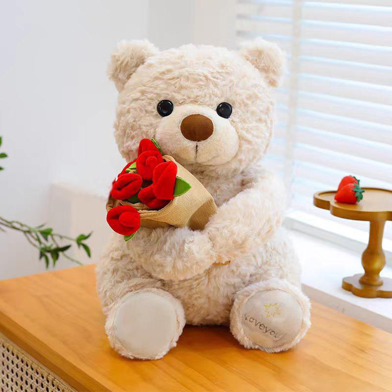 Neuer Teddybär mit Rosen Plüschtier Weicher Bär Stoffpuppe Romantisches Geschenk für Liebhaber Heimdekoration Geburtstagsgeschenk für Mädchen 25cm