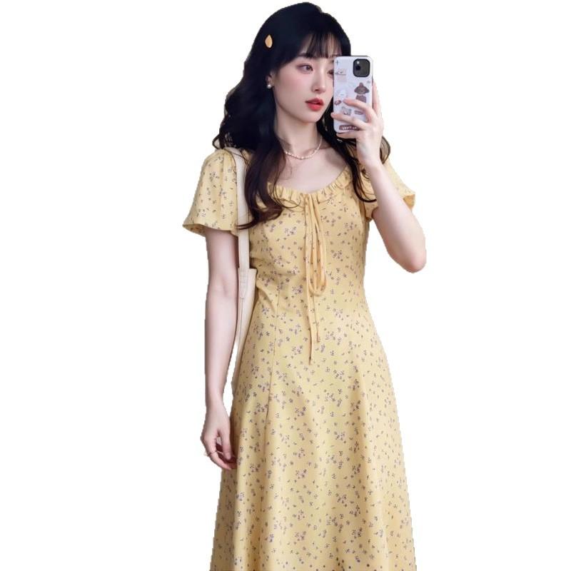 French square neck bubble sleeve yellow floral dress children's summer new design waist long dress women
