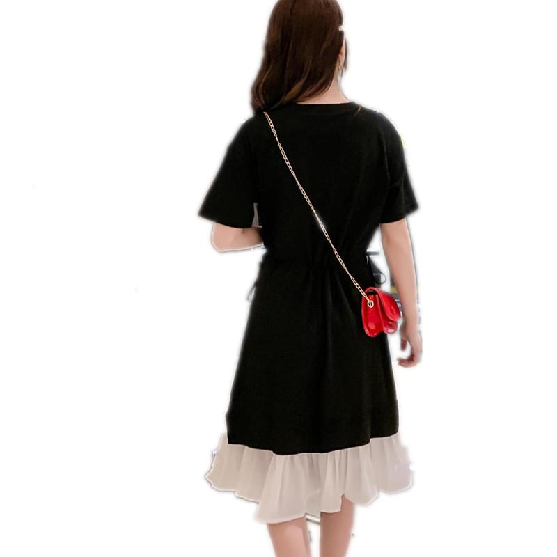 Women's New Korean Version Summer Lace-up Short-sleeved Splicing Two Loose Medium and Long Knee-length Waist Dress Summer Dress