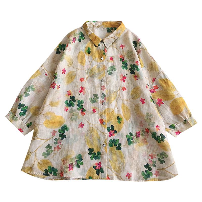 Women's Floral Shirt Long Sleeved Shirt Top Korean Version Loose Bat Sleeve A-line Floral Shirt