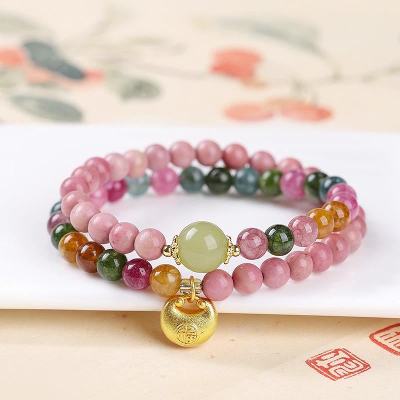 

New Gentle Red Wood Grain Stone Bracelet for Women, New Chinese Style Pink Tone Exquisite Rainbow Quartz Jade Bead Bracelet 【Dyeing the Moonlight6m