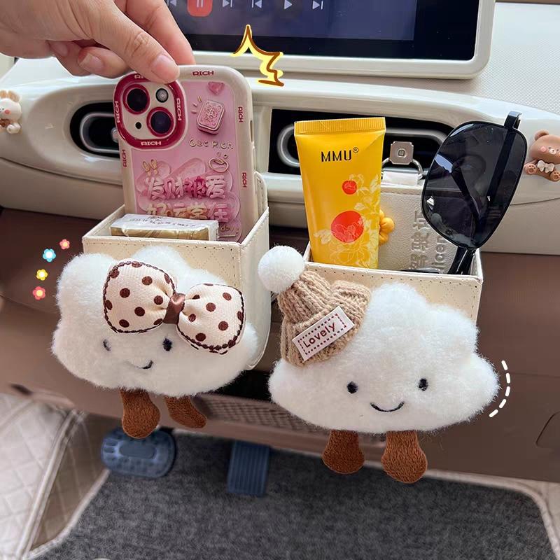 Cute Cartoon Bow Cloud Car Storage Bag Air Vent Hanging Leather Organizer Box Glasses Phone Holder Car Interior Accessories