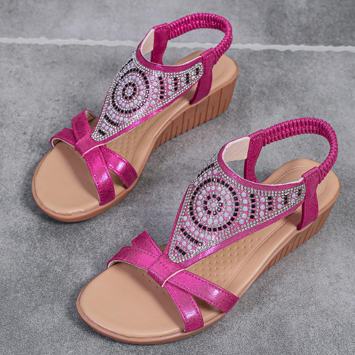 

New thick-soled sub-ethnic wind-pressed drill travel women Bohemi Roman shoes summer new foreign trade wedge sandals 43 рожевий червоний колір