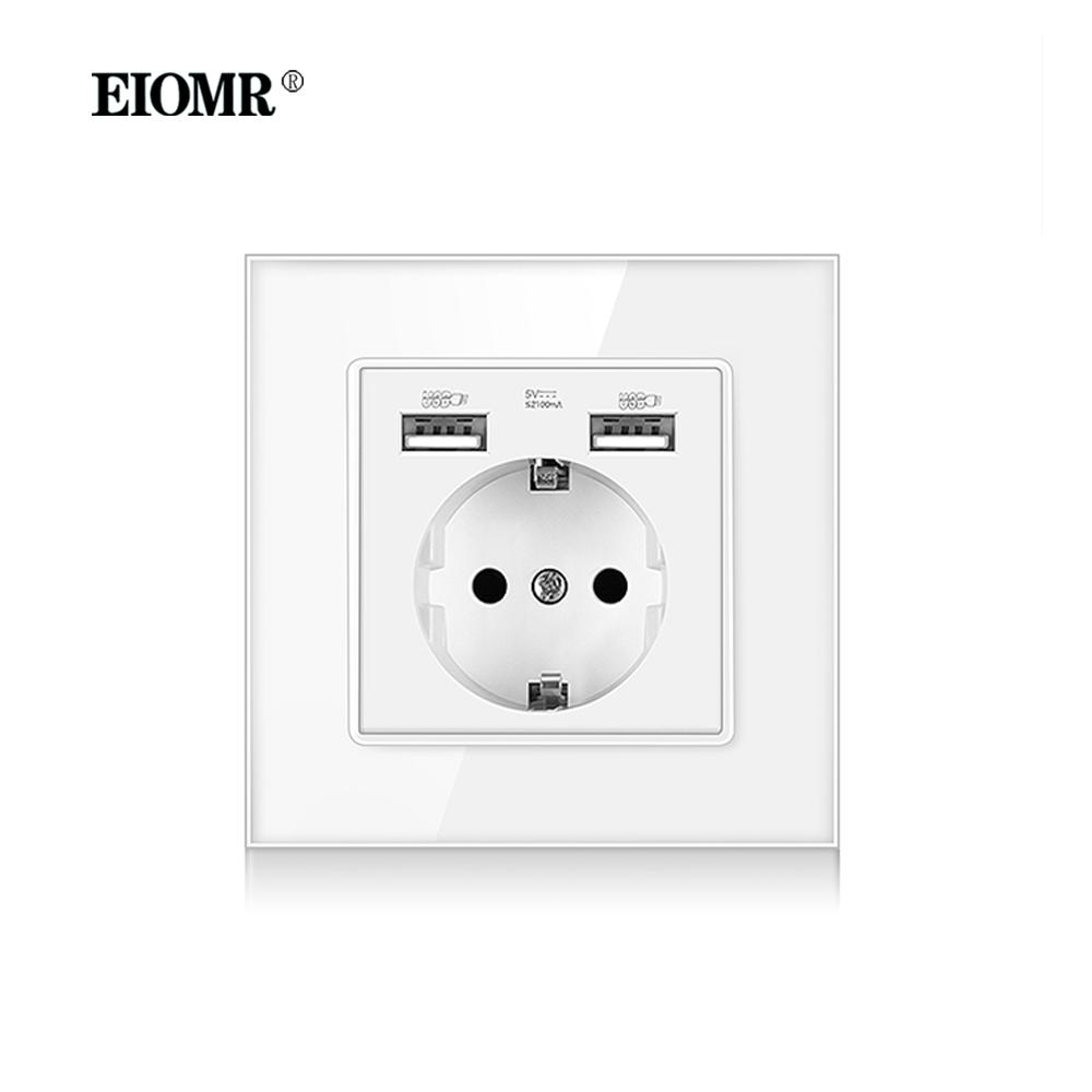 EIOMR EU Standard 16A Tempered Crystal Glass Panel Wall Socket Power Outlet Electrical Plug with Usb 5V 2100mA Ac110-250V White
