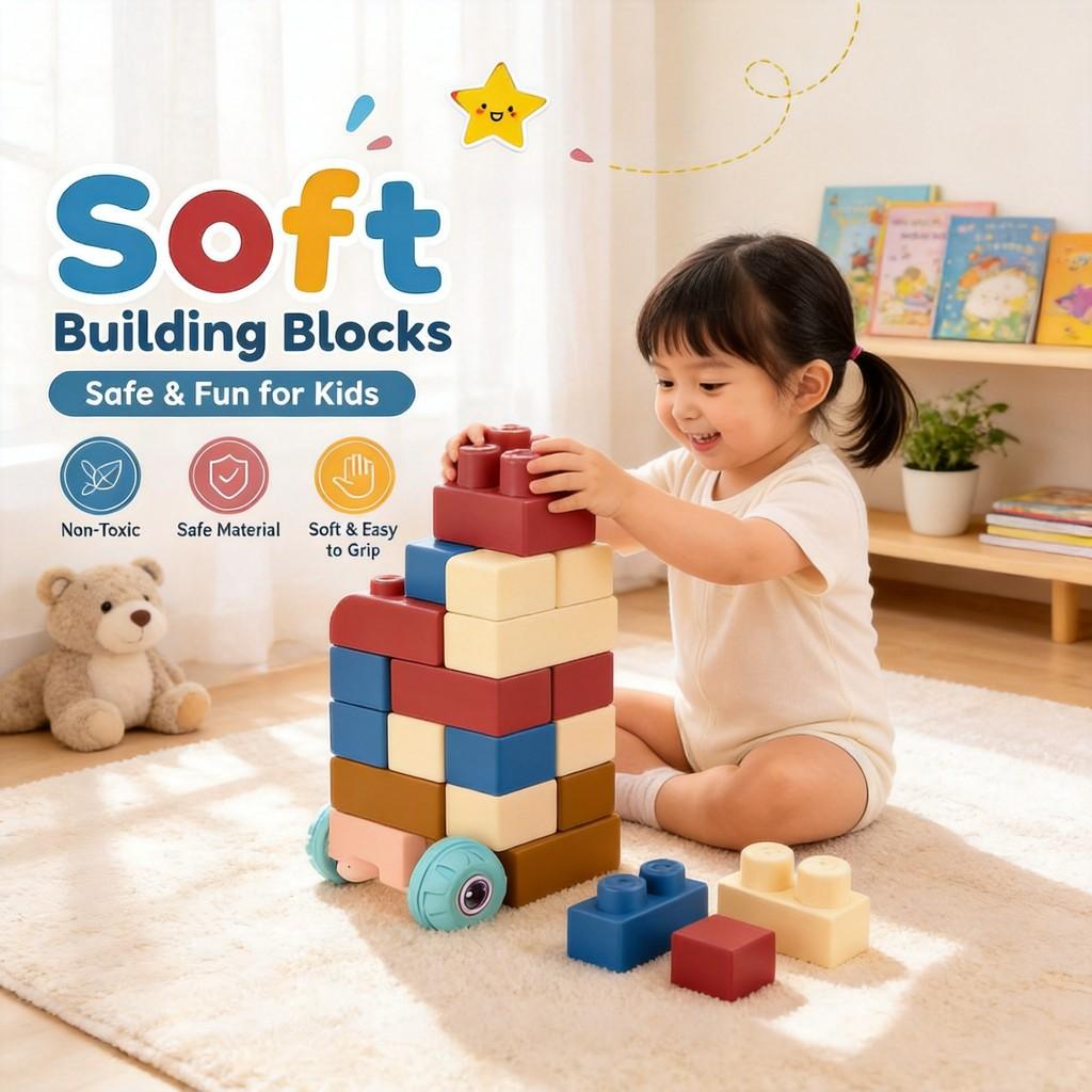 Weiches Silikon-Baustein-Set für Kinder mit Zugaufsatz für kreatives Spielen und sensorische Entwicklung
