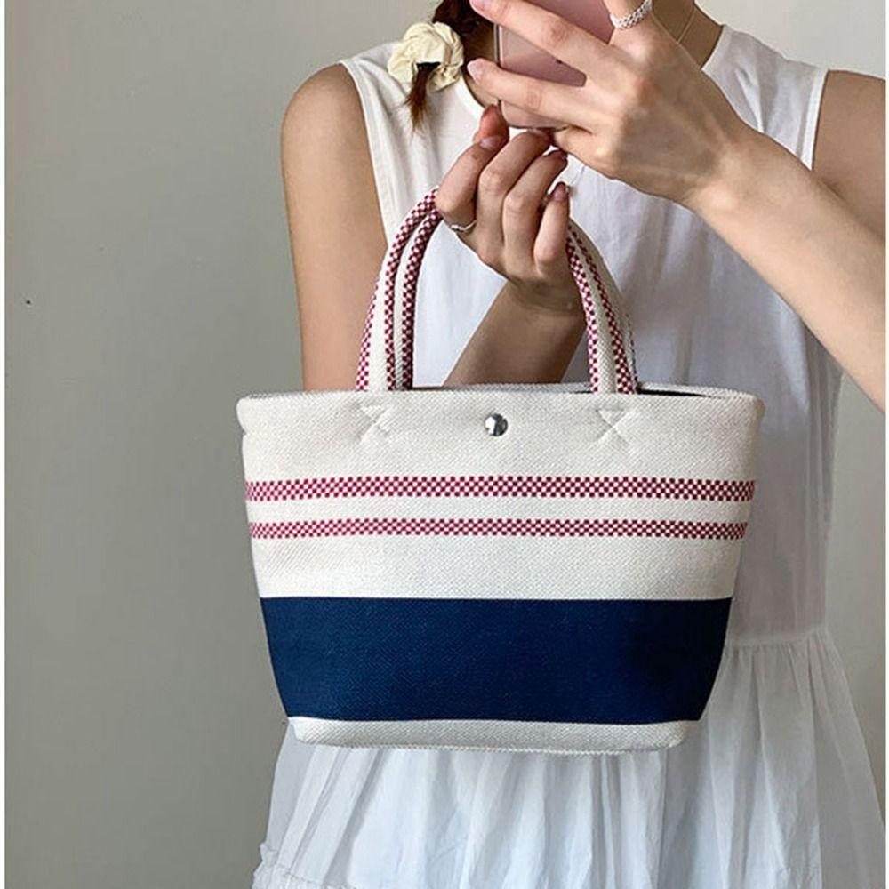 

Small Cloth Bag Stripe Canvas Bag Large Capacity Lunch Bag Portable Crossbody Bag Travel бежевий